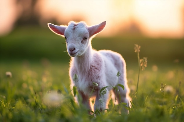 Leuke zonsondergang landschap groene geit gras huiselijke landbouw landelijke dieren