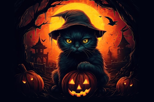 Leuke zwarte kat met heksenhoed halloween-kat met pompoen Gegenereerd door AI