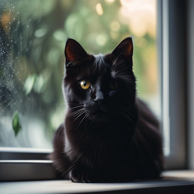 Leuke zwarte kat op de vensterbank.