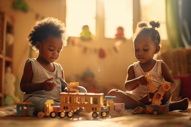 Leuke zwarte kleine kinderen spelen met speelgoed thuis kleurrijke scènevrienden die samen spelen