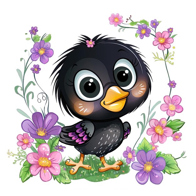 Leuke zwarte vogel kuiken in bloemen sticker