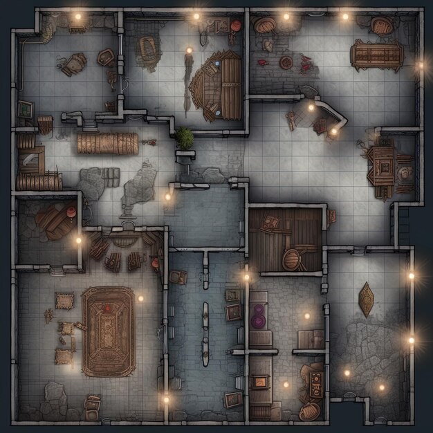 Photo a level map of the dungeon with a large room for a large room with a large room for a large room with a large room for a large table and a large room for a large table