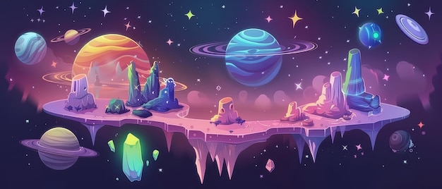 The level map of the game has floating islands and star ratings There is a flying spaceship against a background of outer space and alien planets The interface of the cartoon videogame universe has