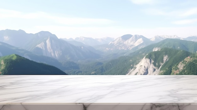 Level marble tabletop with mountain scene establishment Creative resource AI Generated