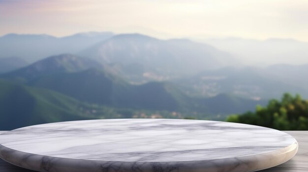 Level marble tabletop with mountain scene establishment picture for thing show mockup Creative resource AI Generated