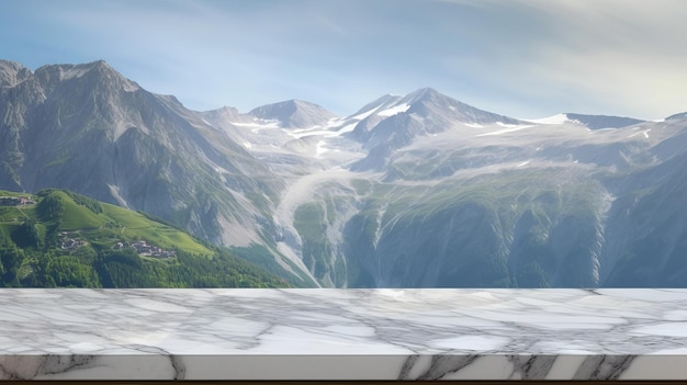Photo level marble tabletop with mountain scene foundation creative resource ai generated