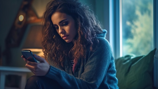 Leven apathie ongemotiveerde jonge vrouw in bed staren naar smartphone scherm