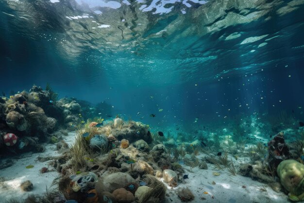 Leven onder de oceaan met microplastics en ander afval dat ronddrijft, gemaakt met generatieve AI