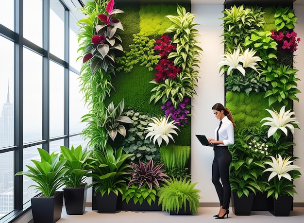 Levende groene muur met meerjarige planten en bloemen in een modern kantoor Stedelijke tuinieren landschapsarchitectuur in