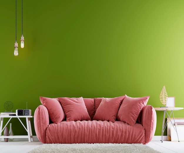 Levende koraalbank in modern interieur met groene achtergrond wandlampen tafel en decor groene achtergrond 3D-rendering