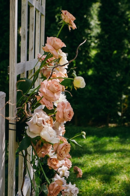 Levende rode en witte rozen - decoratie van een houten huwelijksboog in de tuin.