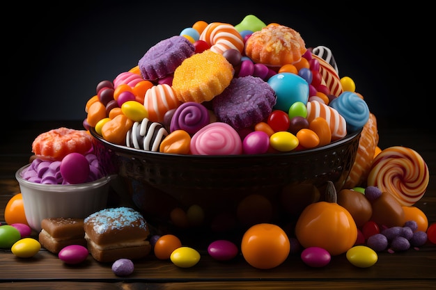 Levendig assortiment kleurrijke snoepjes en snoepjes op een rustieke houten tafel Generatieve AI