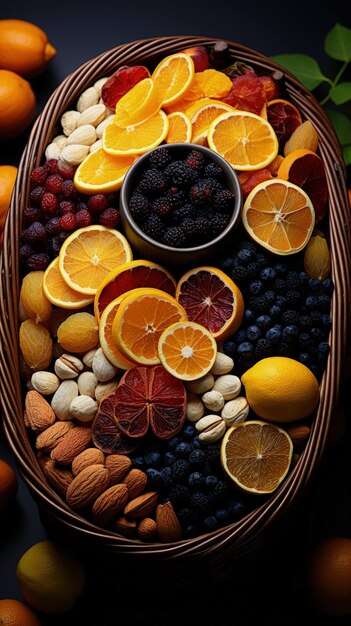 Foto levendig assortiment vers en gedroogd fruit gepresenteerd in full hd