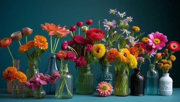 Levendig boeket van veelkleurige bloemen in een vaas gegenereerd door AI