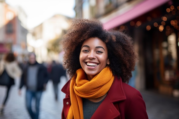 Levendig close-upbeeld legt een gelukkige jonge Afro-Amerikaanse vrouw vast die vrolijk glimlacht op een bruisende