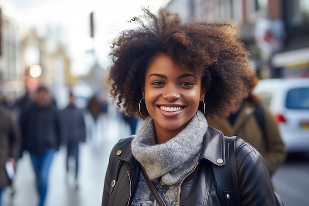 Levendig close-upbeeld legt een gelukkige jonge Afro-Amerikaanse vrouw vast die vrolijk glimlacht op een bruisende