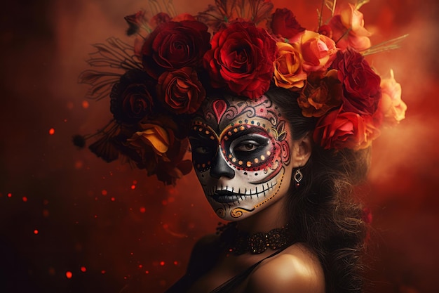 Levendig doodsfeest Catrina close-up portret voor Dia de los Muertos Traditioneel vakantieconcept