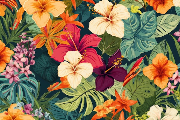 Levendig en vrolijk behang met een kleurrijk scala aan tropische bloemen