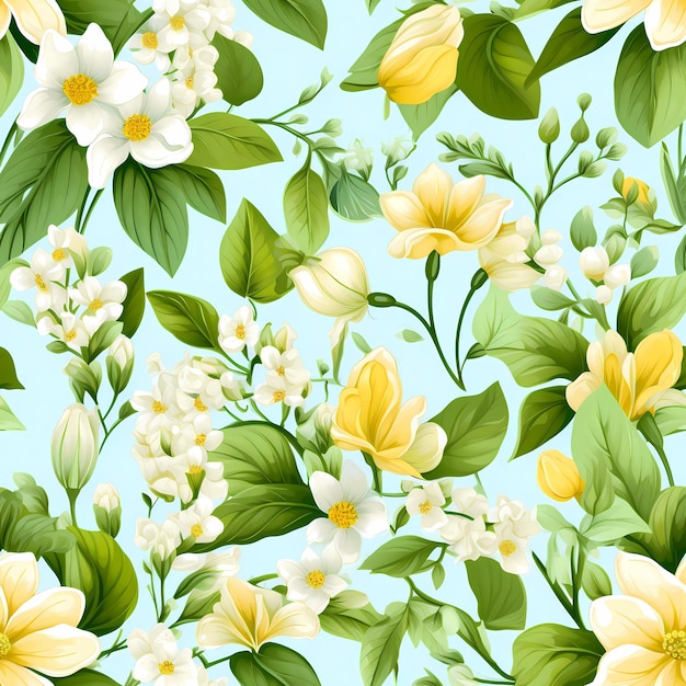 Levendig geel en wit bloemenontwerp op blauwe achtergrond naadloos voorjaarspatroonontwerp