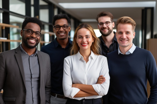 levendig groepsportret in een modern kantoor toont een succesvol divers team van zakelijke professionals