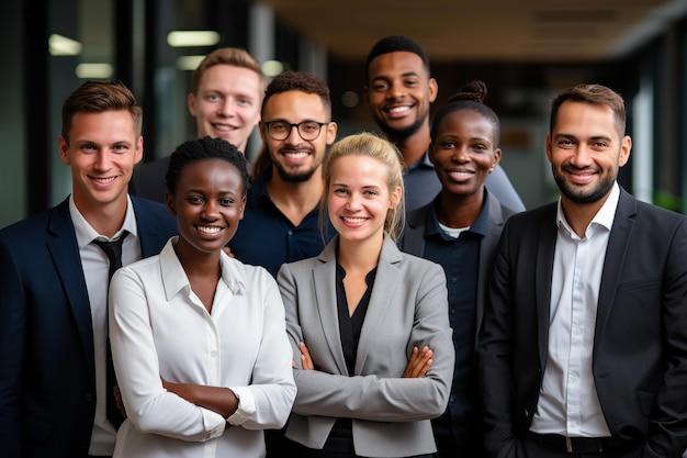 levendig groepsportret in een modern kantoor toont een succesvol divers team van zakelijke professionals