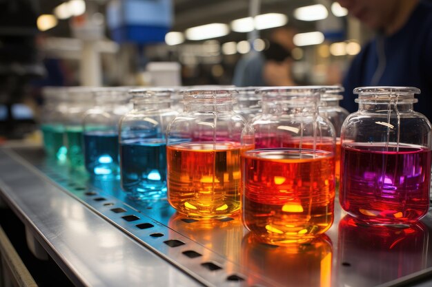 Foto levendig laboratorium dat gekleurde pigmenten produceert in oefenbuizen en generatieve ia met volle planken