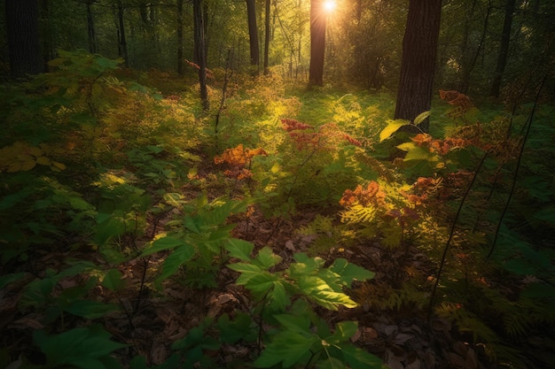 Levendig mozaïek van bladeren en wilde bloemen in het bos generatieve IA