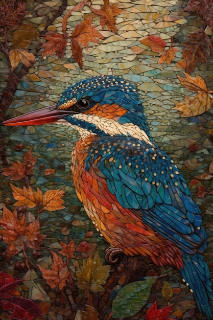 Levendig neo-impressionistisch ijsvogelkunstwerk met ingewikkelde details