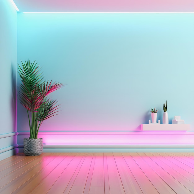 Levendig neon pastel interieur schoon en retro met lege muur boeiende 3D Render
