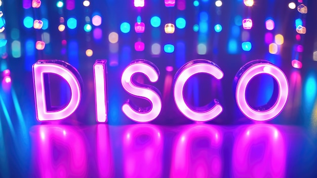 Levendig paars neon DISCO-bord in retro-stijl van de jaren negentig met een gloeiende maximalistische achtergrond