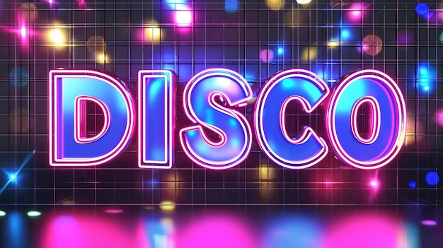 Levendig paars neon DISCO-bord in retro-stijl van de jaren negentig met een gloeiende maximalistische achtergrond