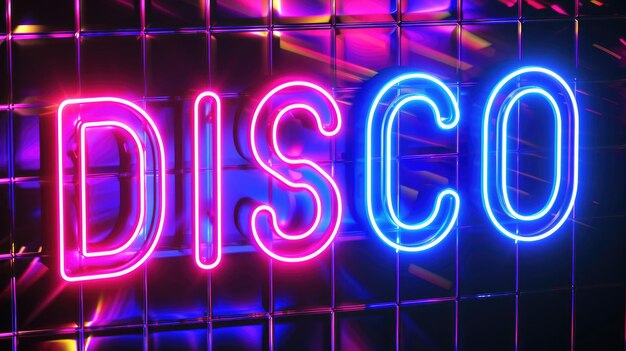 Levendig paars neon DISCO-bord in retro-stijl van de jaren negentig met een gloeiende maximalistische achtergrond