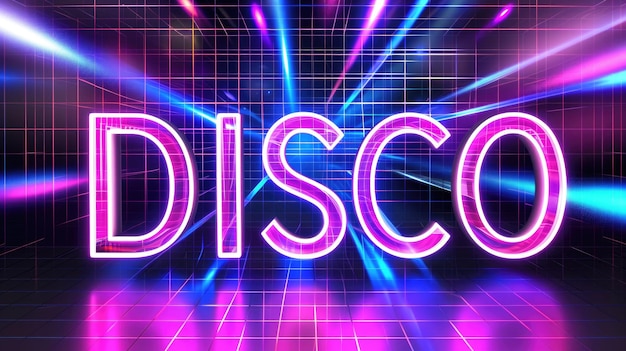 Foto levendig paars neon disco-bord in retro-stijl van de jaren negentig met een gloeiende maximalistische achtergrond