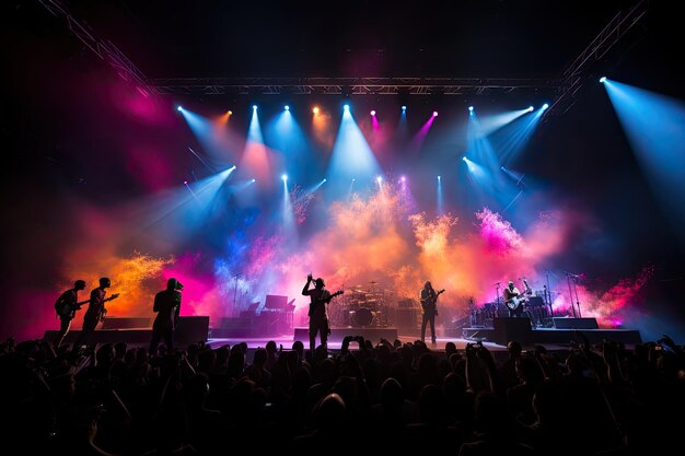 Levendig podium komt tot leven met muzikanten en licht waarbij de generatieve IA van het publiek wordt betrokken