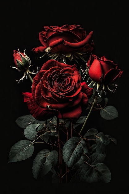 Levendig rood rozenboeket op zwarte achtergrond