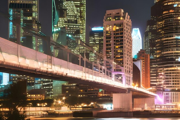 Levendig stadsbeeld neon verlichte wolkenkrabbers glinsterende rivier drukke boten iconische brug