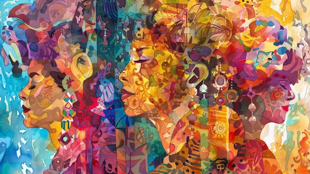 Levendig veelkleurig abstract portret met levendige patronen, texturen en lagen expressieve artistieke elementen
