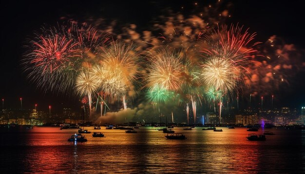 Levendig vuurwerk verlicht de skyline van de stad bij de viering van de vierde juli gegenereerd door kunstmatige intelligentie