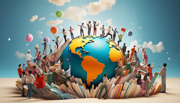 Levendige 3D-afbeelding vreugdevolle groep met boeken door wereldkaart die avontuur oproept