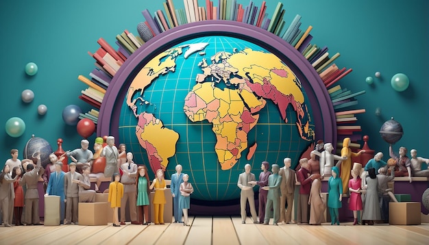 Levendige 3D-afbeelding vreugdevolle groep met boeken door wereldkaart die avontuur oproept