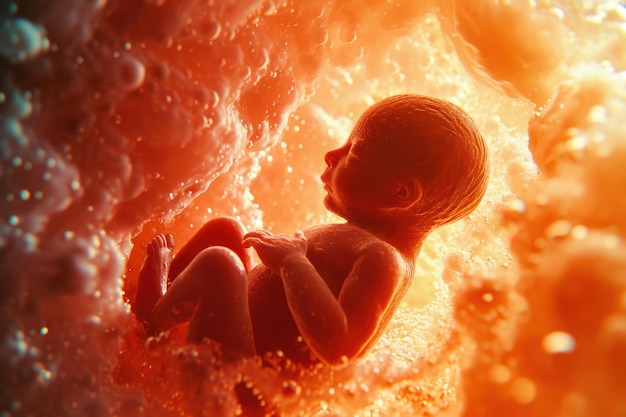 Foto levendige afbeelding van een menselijke foetus in een rode vloeibare ruimte met bubbelachtige structuren rond