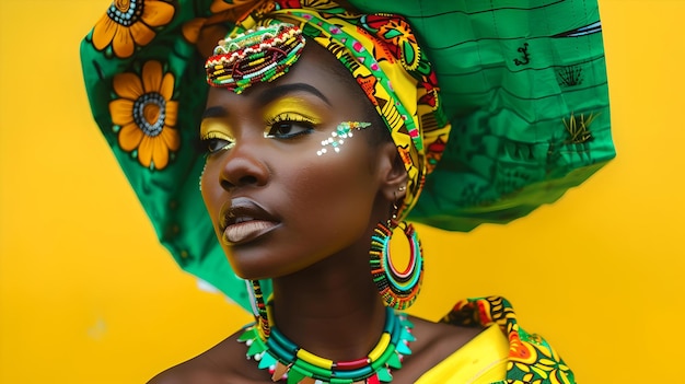 Levendige Afrikaans geïnspireerde modevrouw in kleurrijke kleding traditionele stijl ontmoet moderne look ideaal voor culturele diversiteit thema's AI
