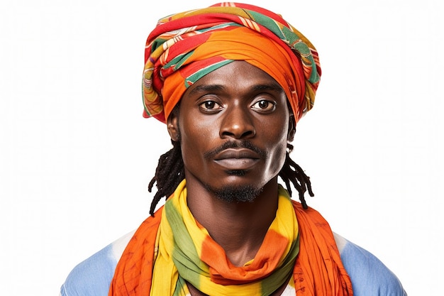 Levendige Afrikaanse muzikant in een felgekleurde bandana en shirt op witte achtergrond