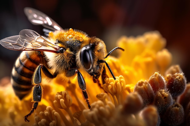 Levendige AI-generatorillustratie van zeer realistische bijen die op zoek zijn naar stuifmeel