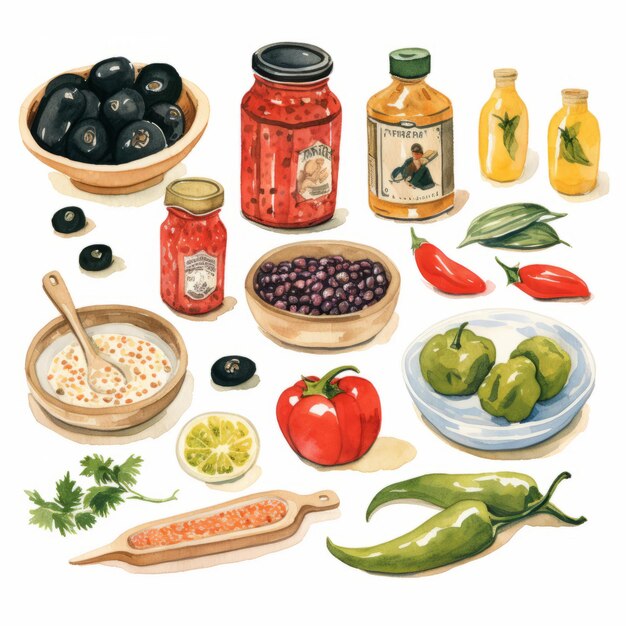 Levendige aquarel illustratie van paprika's kruiden olijven en meer