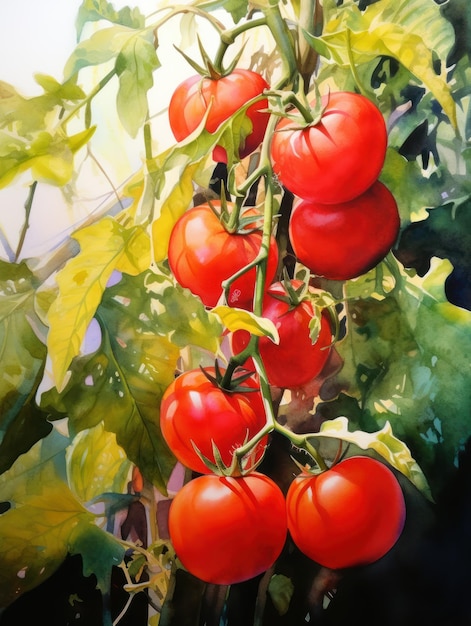 Levendige aquarel tomatenplant met rijp fruit en bladeren AI gegenereerd