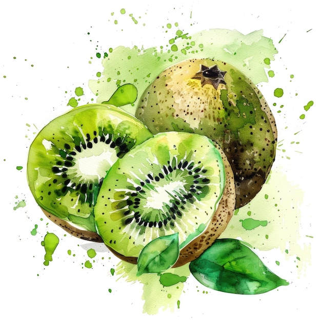 Levendige aquarelkunstwerken van kiwi-vruchten en -snijden