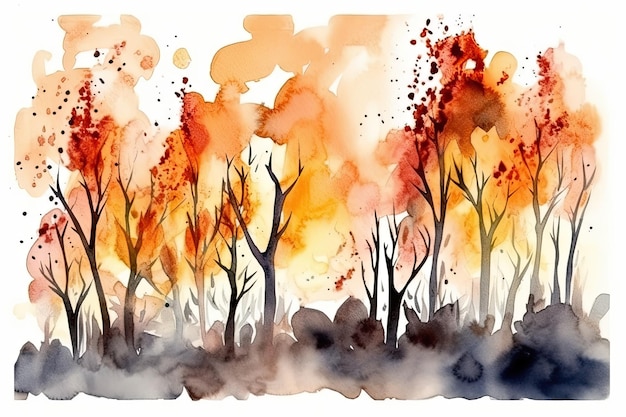 Levendige aquarelweergave van een catastrofale bosbrand met bomen die in oranje vlammen zijn gehuld Generatieve AI