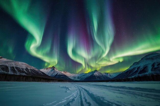 Levendige aurora borealis boven besneeuwde toppen