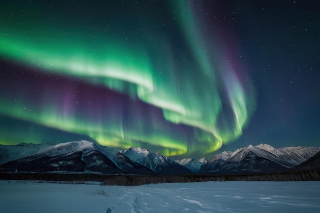 Levendige aurora borealis boven besneeuwde toppen